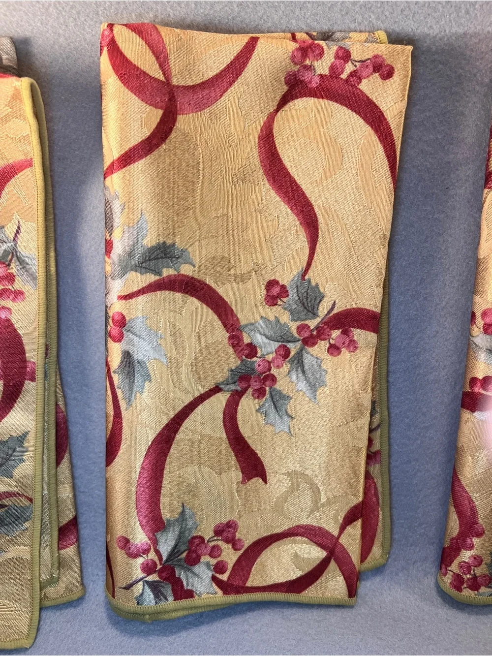Double Take Holly & Ribbon Reversible Damask Napkins Set of 4 Christmas